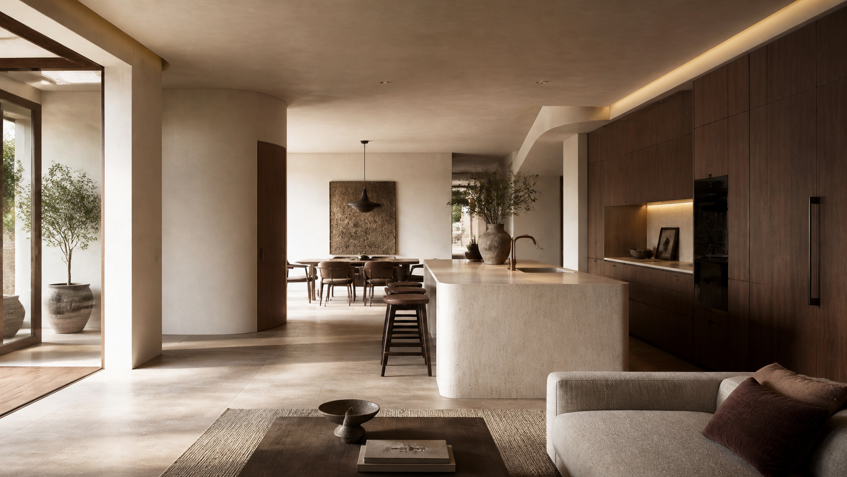 Concept rendering of a warm, contemporary living space with integrated lighting